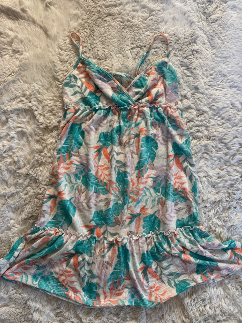 SO Tropical Leaf Print Sundress in Teal and Coral